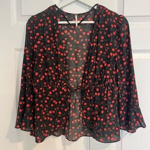Free People Black Blouse with Red Cherry Print